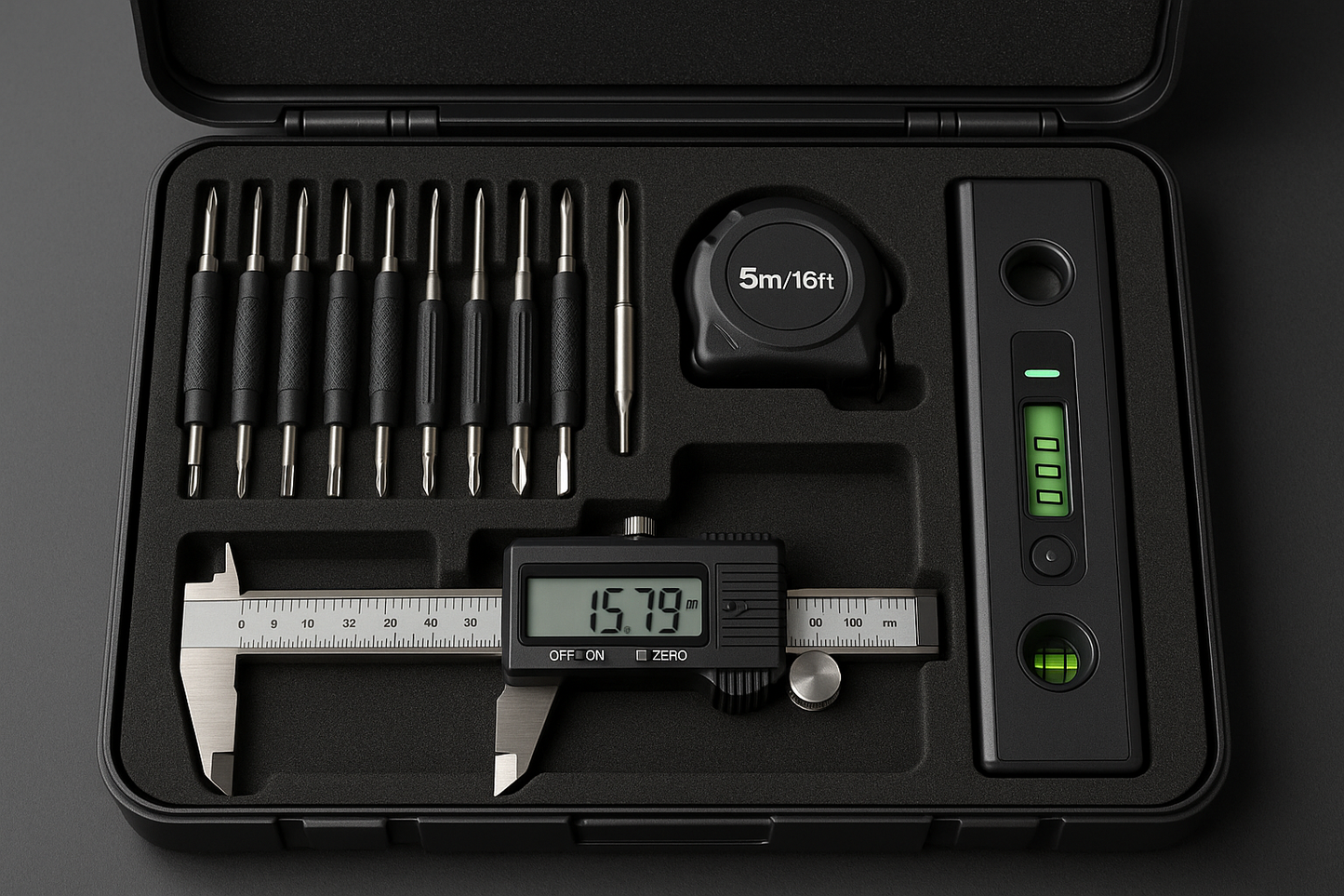A compact toolkit containing precision screwdrivers, measuring tape, calipers, and a digital level—ideal for engineers and field consultants.

