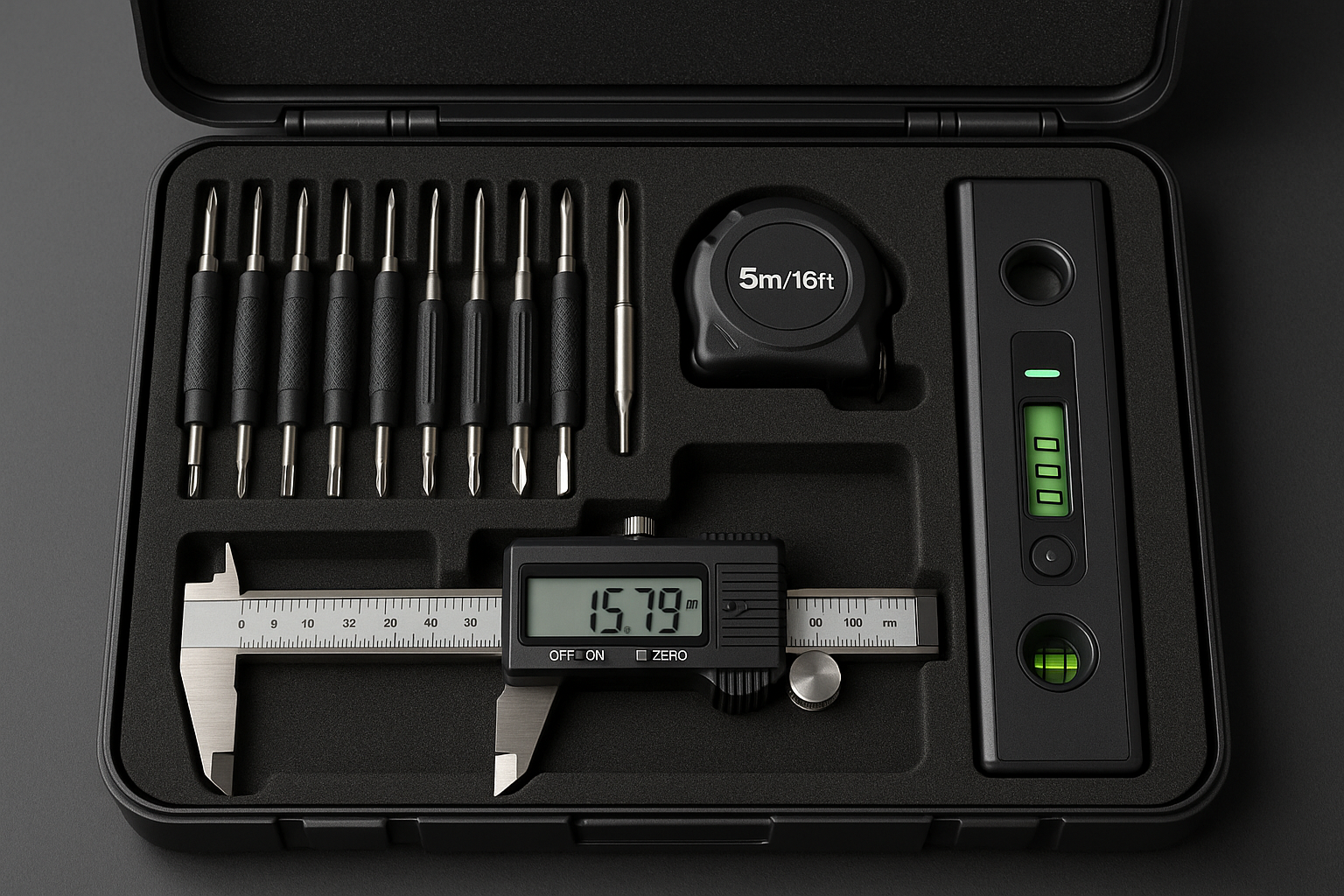 A compact toolkit containing precision screwdrivers, measuring tape, calipers, and a digital level—ideal for engineers and field consultants.
