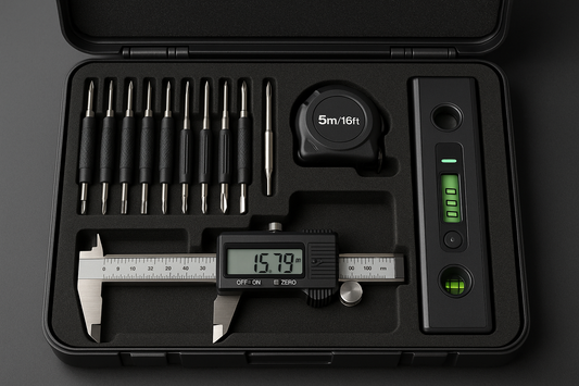 A compact toolkit containing precision screwdrivers, measuring tape, calipers, and a digital level—ideal for engineers and field consultants.

