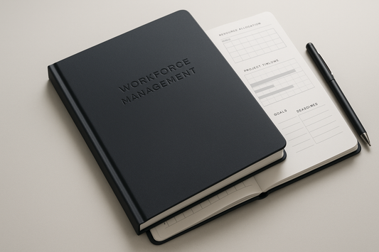 A sleek, hardcover planner designed for project managers and HR consultants to organize workforce allocation, deadlines, and goals.
