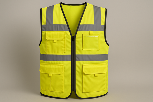 Multi-pocket reflective vest with detachable badge holder, made from durable lightweight material—ideal for on-site engineers.

